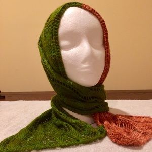 Copper and grass green handknit lace scarf